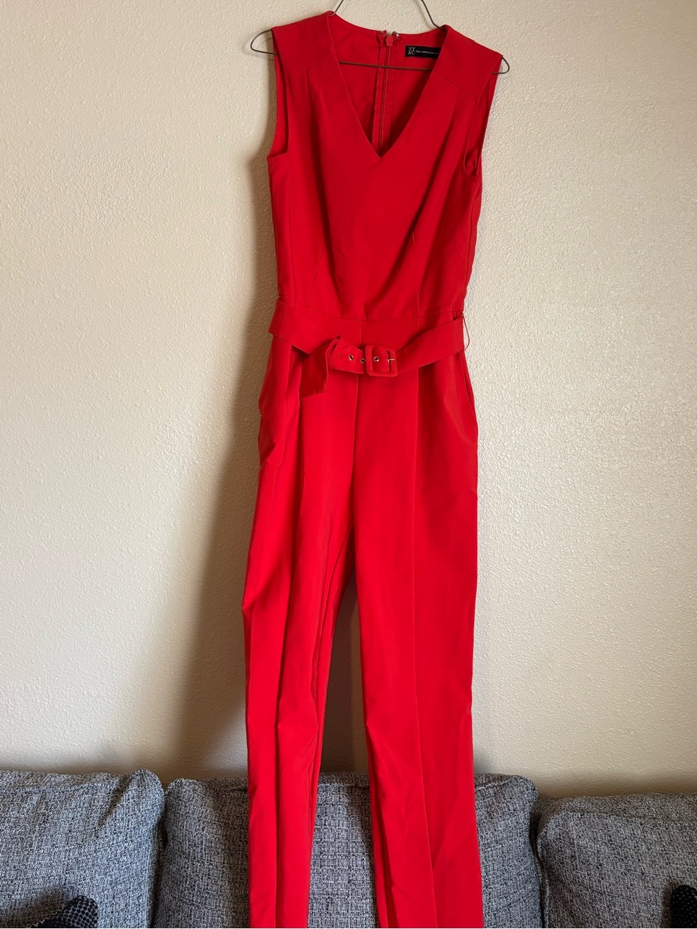 New York & Company Red Sleeveless V-Neck Belted Jumpsuit